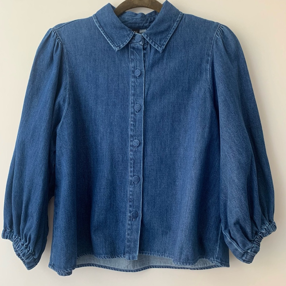 Zara Dark Blue Denim Puff Sleeve Button-Front Jean Jacket or Denim Shirt